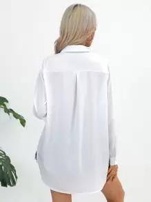 SHEIN Essnce 素色前紐扣捲邊袖弧形下擺襯衫 - 白色 - 查看 2