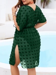 Plus Swiss Dot Batwing Sleeve Knot Front Cover Up Dress Without Bikini Set - Dark Green - View 2