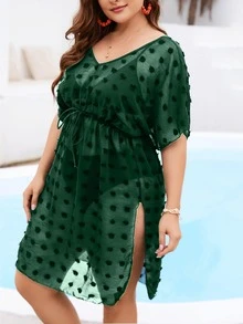 Plus Swiss Dot Batwing Sleeve Knot Front Cover Up Dress Without Bikini Set - Dark Green - View 3