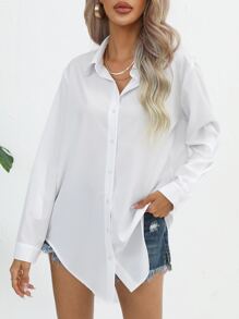 SHEIN Essnce 素色前紐扣捲邊袖弧形下擺襯衫 - 白色 - 查看 3