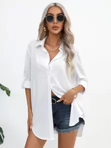 SHEIN Essnce 素色前紐扣捲邊袖弧形下擺襯衫 - 白色 - 查看 6