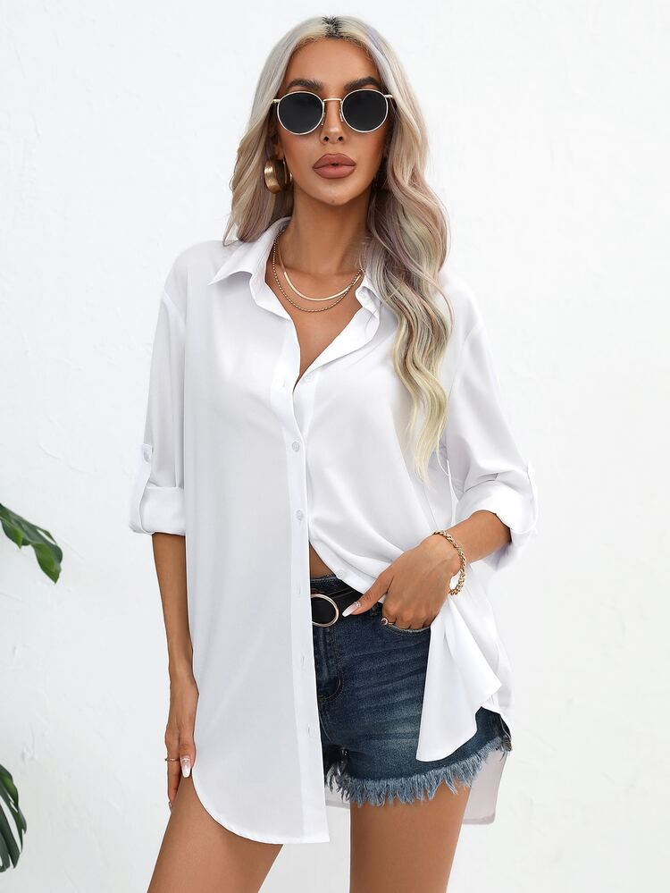 SHEIN Essnce 素色前紐扣捲邊袖弧形下擺襯衫 - 白色 - 查看 6