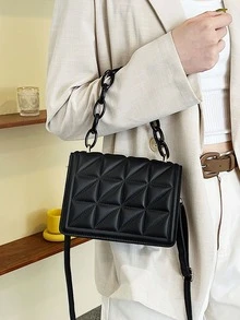 迷你衍縫翻蓋鏈條方包 - 黑色 - 查看 1