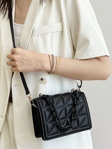 迷你衍縫翻蓋鏈條方包 - 黑色 - 查看 2