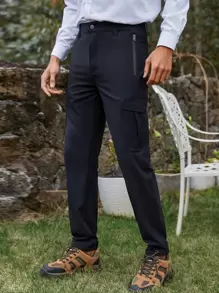 Men Solid Flap Pocket Side Cargo Trousers - Black - View 1