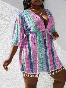 Slaydiva 大碼印花流蘇邊腰帶和服罩衫 - 彩色 - 查看 1