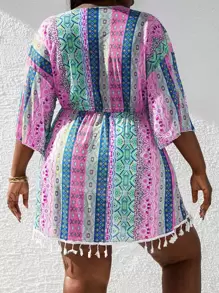 Slaydiva 大碼印花流蘇邊腰帶和服罩衫 - 彩色 - 查看 2