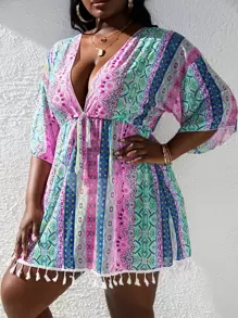 Slaydiva 大碼印花流蘇邊腰帶和服罩衫 - 彩色 - 查看 3