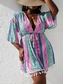 Slaydiva 大碼印花流蘇邊腰帶和服罩衫 - 彩色 - 查看 4