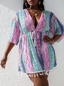 Slaydiva 大碼印花流蘇邊腰帶和服罩衫 - 彩色 - 查看 5