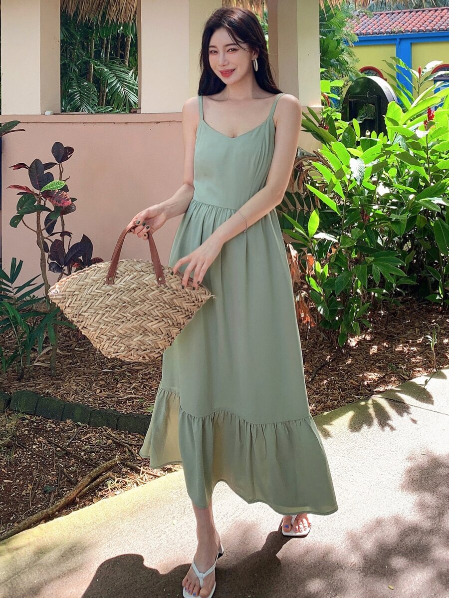 DAZY Vestido de tirantes unicolor bajo con fruncido - verde menta - Ver 1