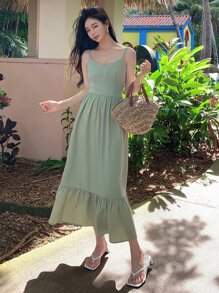 DAZY Vestido de tirantes unicolor bajo con fruncido - verde menta - Ver 4