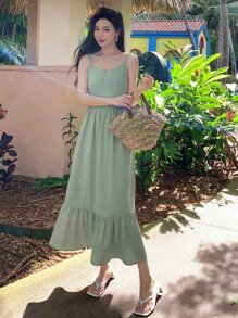 DAZY Vestido de tirantes unicolor bajo con fruncido - verde menta - Ver 5