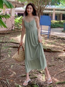 DAZY Vestido de tirantes unicolor bajo con fruncido - verde menta - Ver 7