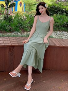 DAZY Vestido de tirantes unicolor bajo con fruncido - verde menta - Ver 8