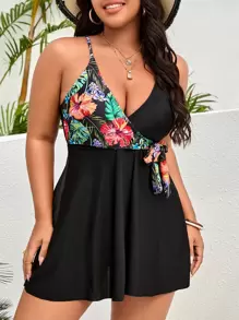 Swim Lushoire Plus Size Tropical Print Knot Side Swim Dress Summer Beach - Black - View 1