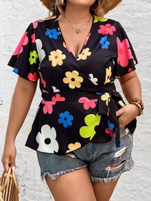 SHEIN Holidaya Plus Floral Print Knot Side Wrap Blouse - Multicolor - View 4