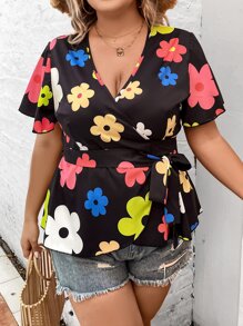 SHEIN Holidaya Plus Floral Print Knot Side Wrap Blouse - Multicolor - View 5