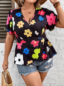 SHEIN Holidaya Plus Floral Print Knot Side Wrap Blouse - Multicolor - View 6