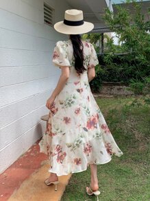 DAZY Floral Print Puff Sleeve Ruffle Hem Dress - Beige - View 2