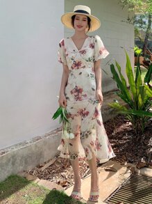 DAZY Floral Print Puff Sleeve Ruffle Hem Dress - Beige - View 3