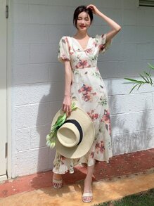 DAZY Floral Print Puff Sleeve Ruffle Hem Dress - Beige - View 4