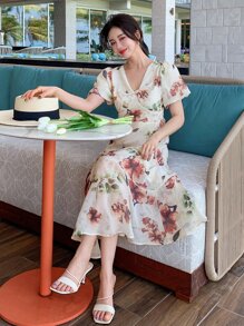 DAZY Floral Print Puff Sleeve Ruffle Hem Dress - Beige - View 5