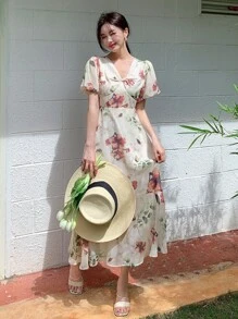 DAZY Floral Print Puff Sleeve Ruffle Hem Dress - Beige - View 6