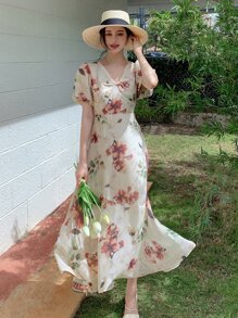 DAZY Floral Print Puff Sleeve Ruffle Hem Dress - Beige - View 7