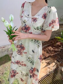 DAZY Floral Print Puff Sleeve Ruffle Hem Dress - Beige - View 8