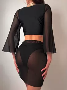 SHEIN Swim Summer Beach Sheer Tankini Set Three Quarter Sleeve Top & Tankini Bottom & Cover Up Skirt 3 Pieces Bathing Suit - Black - View 2