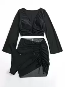 SHEIN Swim Summer Beach Sheer Tankini Set Three Quarter Sleeve Top & Tankini Bottom & Cover Up Skirt 3 Pieces Bathing Suit - Black - View 3