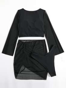 SHEIN Swim Summer Beach Sheer Tankini Set Three Quarter Sleeve Top & Tankini Bottom & Cover Up Skirt 3 Pieces Bathing Suit - Black - View 4