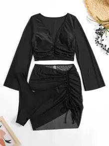 SHEIN Swim Summer Beach Sheer Tankini Set Three Quarter Sleeve Top & Tankini Bottom & Cover Up Skirt 3 Pieces Bathing Suit - Black - View 5