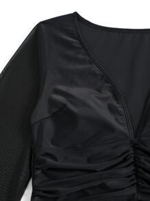 SHEIN Swim Summer Beach Sheer Tankini Set Three Quarter Sleeve Top & Tankini Bottom & Cover Up Skirt 3 Pieces Bathing Suit - Black - View 7