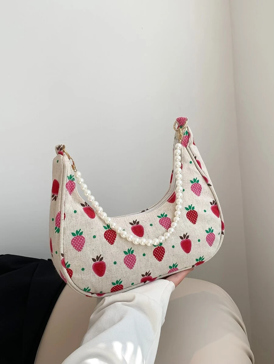 Fashionable Pearl Chain Strawberry Crescent Shoulder Bag For Women - Multicolor - View 1