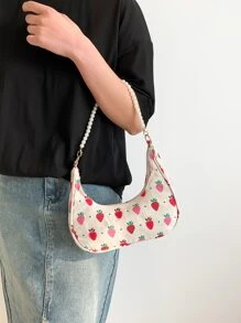 Fashionable Pearl Chain Strawberry Crescent Shoulder Bag For Women - Multicolor - View 6
