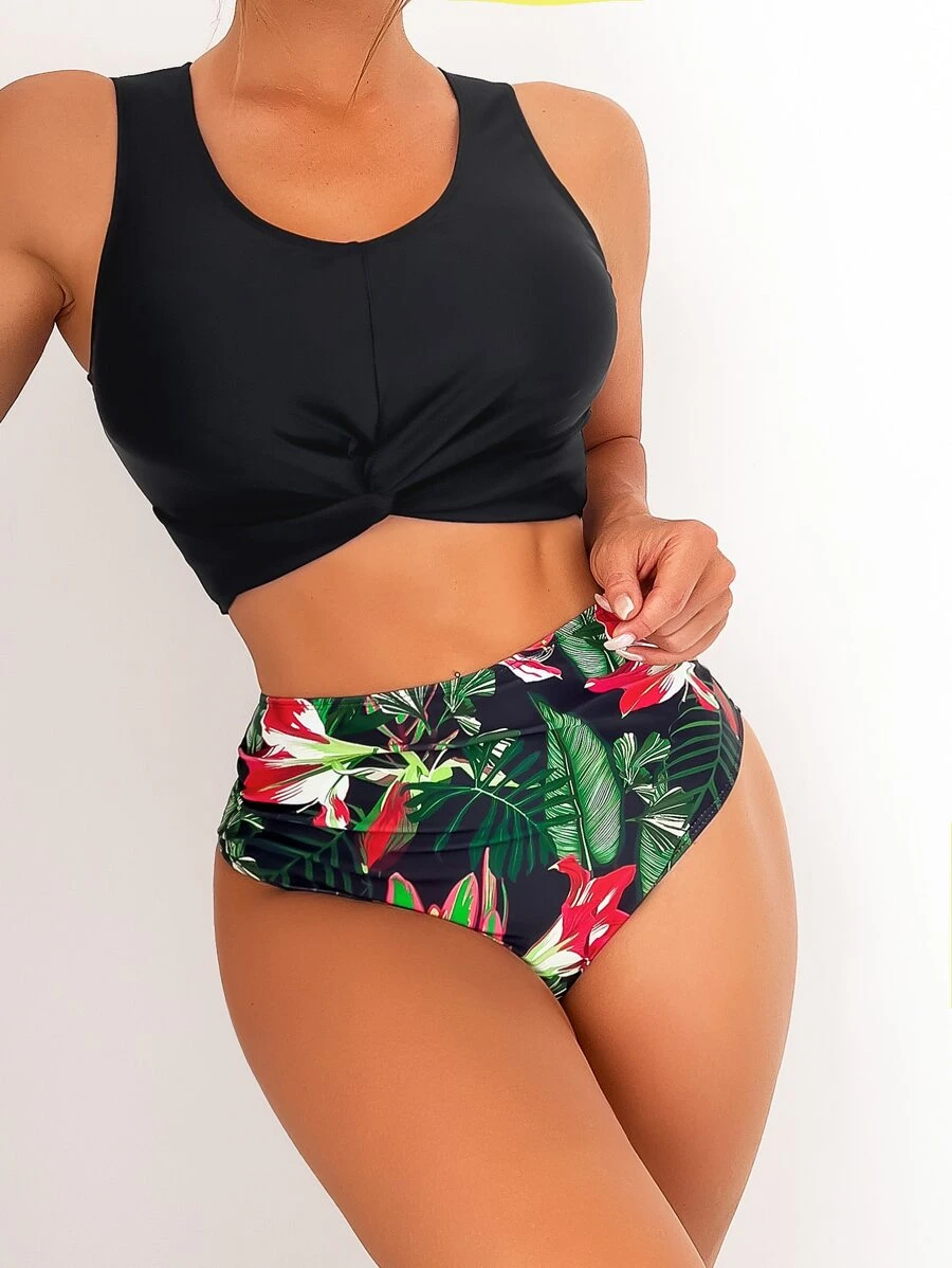 Tropical Print Twist Front Ruched High Waisted Bikini Set Summer Beach - Multicolor - View 1
