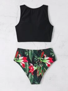 Tropical Print Twist Front Ruched High Waisted Bikini Set Summer Beach - Multicolor - View 4