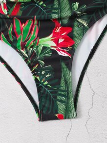 Tropical Print Twist Front Ruched High Waisted Bikini Set Summer Beach - Multicolor - View 6