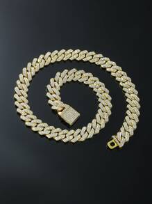 1入組奢華水鑽扭結粗鏈條樣式項鍊適合男士日常裝飾,適用於首飾類禮品和派對 - 金黃色 - 查看 2