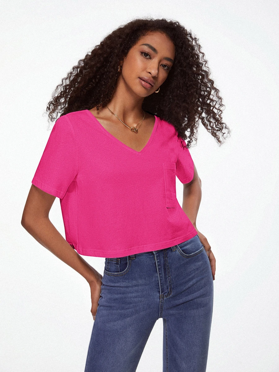 SHEIN BASICS Chất rắn Cổ v Áo thun Cho mùa hè - Màu Hồng Tươi - Xem 1