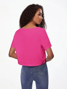 SHEIN BASICS Chất rắn Cổ v Áo thun Cho mùa hè - Màu Hồng Tươi - Xem 2