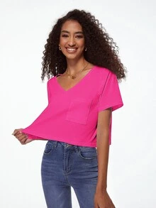 SHEIN BASICS Chất rắn Cổ v Áo thun Cho mùa hè - Màu Hồng Tươi - Xem 3