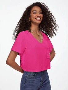 SHEIN BASICS Chất rắn Cổ v Áo thun Cho mùa hè - Màu Hồng Tươi - Xem 4