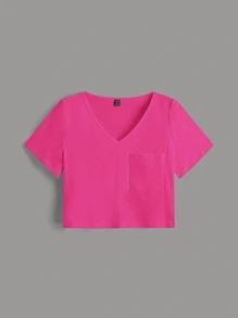 SHEIN BASICS Chất rắn Cổ v Áo thun Cho mùa hè - Màu Hồng Tươi - Xem 6