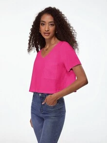 SHEIN BASICS Chất rắn Cổ v Áo thun Cho mùa hè - Màu Hồng Tươi - Xem 7