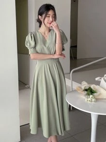DAZY Solid Puff Sleeve A-line Dress - Mint Green - View 1