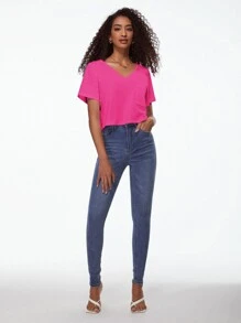 SHEIN BASICS Chất rắn Cổ v Áo thun Cho mùa hè - Màu Hồng Tươi - Xem 8