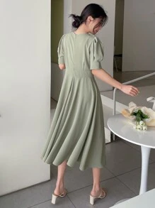 DAZY Solid Puff Sleeve A-line Dress - Mint Green - View 2